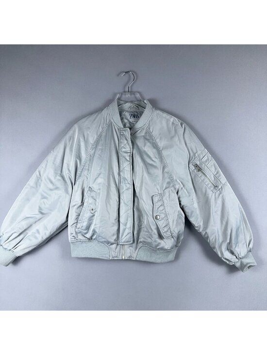 Zara Other - Zara Bomber Jacket Kids Size 13-14 Silver Zipper Utility Pocket Left Sleeve